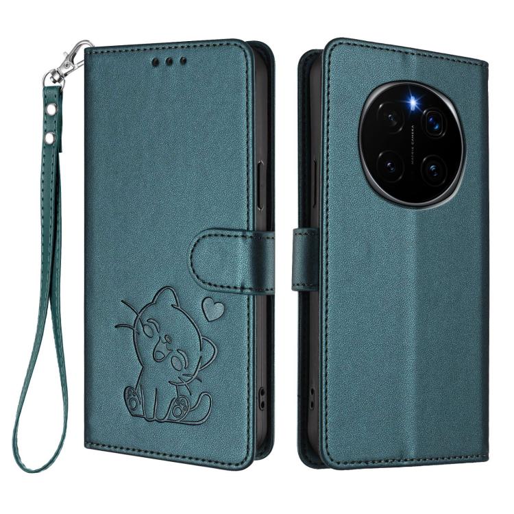 For Honor Magic7 Embossed Heart Cat Leather Phone Case with Hand Strap