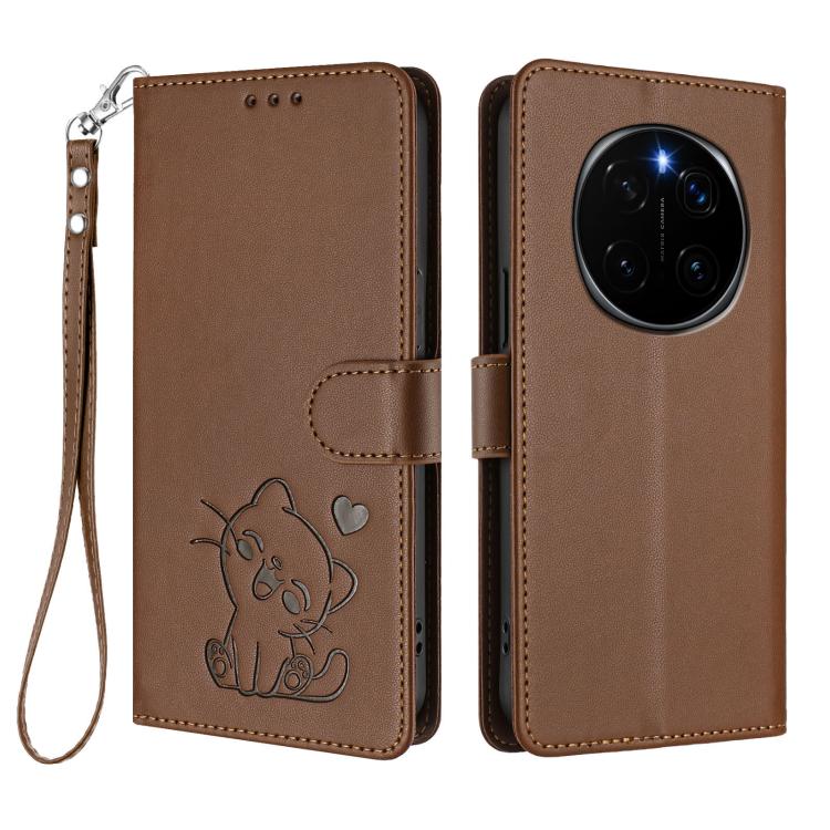 For Honor Magic7 Embossed Heart Cat Leather Phone Case with Hand Strap