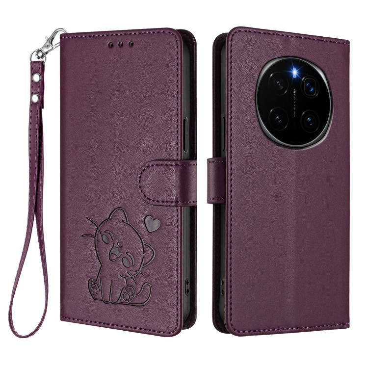 For Honor Magic7 Pro Embossed Heart Cat Leather Phone Case with Hand Strap