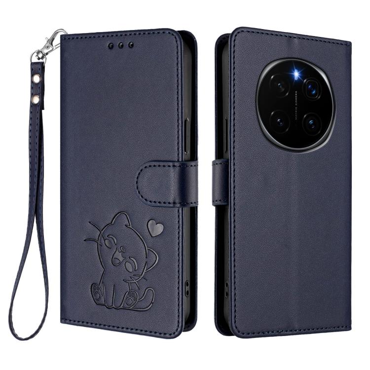 For Honor Magic7 Pro Embossed Heart Cat Leather Phone Case with Hand Strap