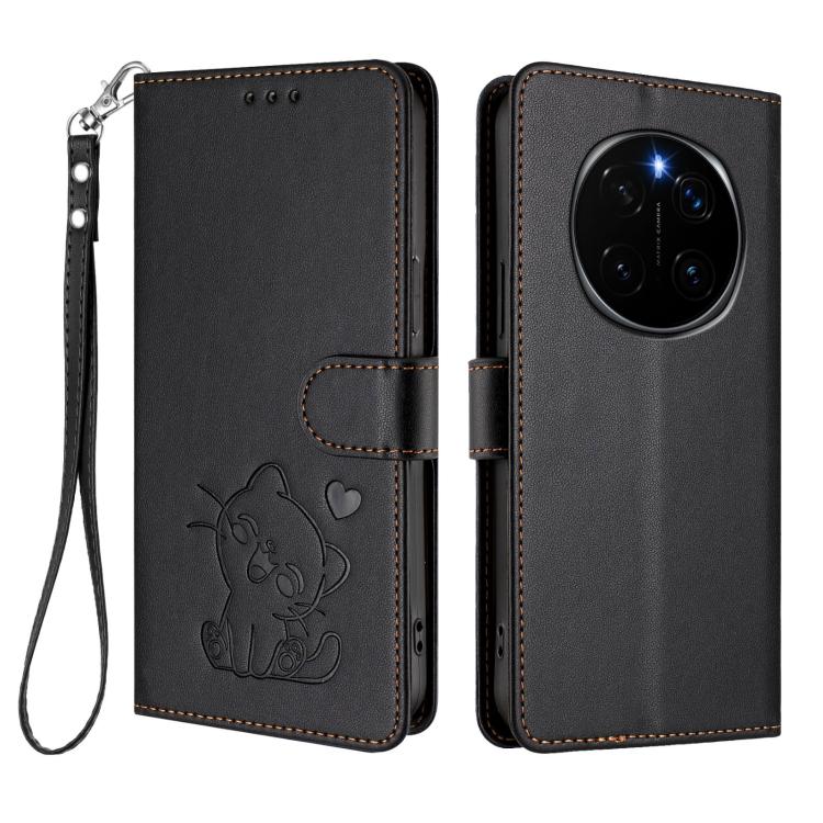 For Honor Magic7 Pro Embossed Heart Cat Leather Phone Case with Hand Strap