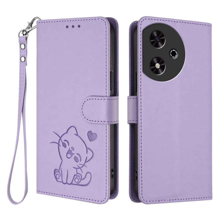 For Honor Play 50 Embossed Heart Cat Leather Phone Case with Hand Strap