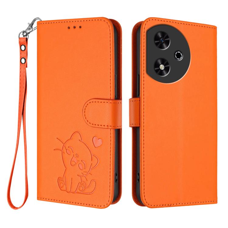 For Honor Play 50 Embossed Heart Cat Leather Phone Case with Hand Strap