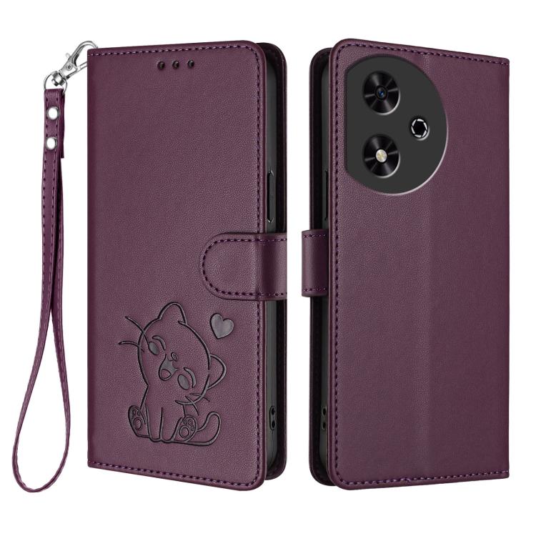 For Honor Play 50 Embossed Heart Cat Leather Phone Case with Hand Strap
