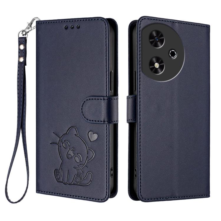 For Honor Play 50 Embossed Heart Cat Leather Phone Case with Hand Strap