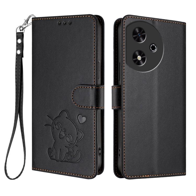 For Honor Play 50 Embossed Heart Cat Leather Phone Case with Hand Strap