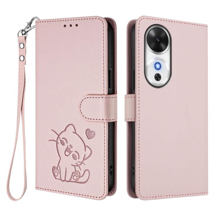 For Honor Play 60 Embossed Heart Cat Leather Phone Case with Hand Strap