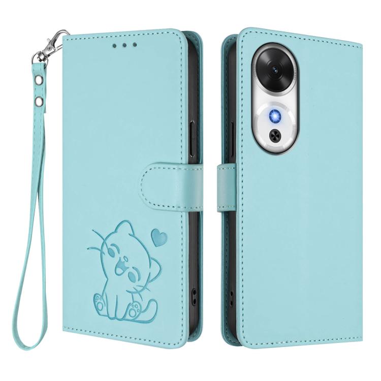For Honor Play 60 Embossed Heart Cat Leather Phone Case with Hand Strap