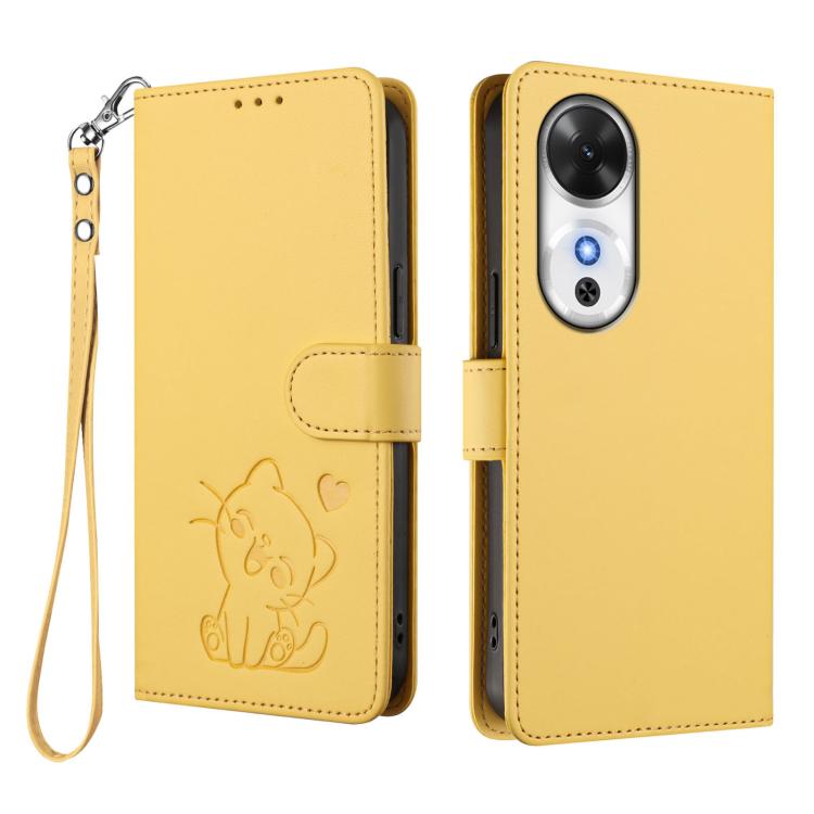 For Honor Play 60 Embossed Heart Cat Leather Phone Case with Hand Strap