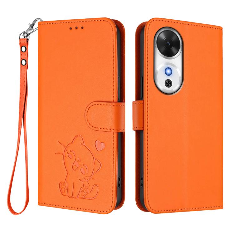 For Honor Play 60 Embossed Heart Cat Leather Phone Case with Hand Strap