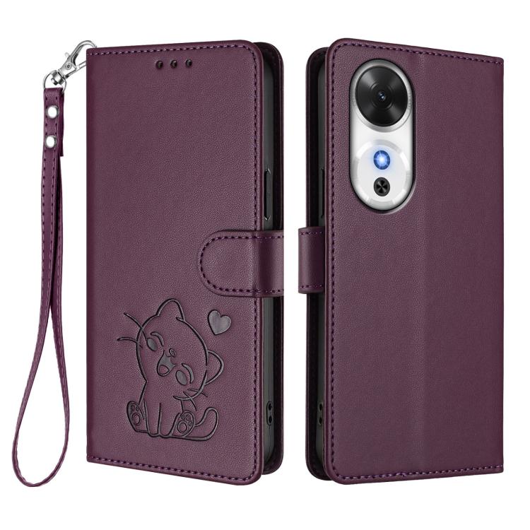 For Honor Play 60 Embossed Heart Cat Leather Phone Case with Hand Strap
