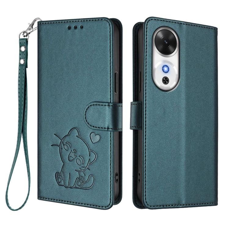 For Honor Play 60 Embossed Heart Cat Leather Phone Case with Hand Strap