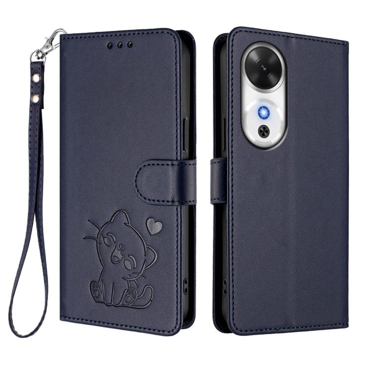 For Honor Play 60 Embossed Heart Cat Leather Phone Case with Hand Strap