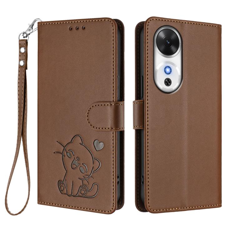 For Honor Play 60 Embossed Heart Cat Leather Phone Case with Hand Strap