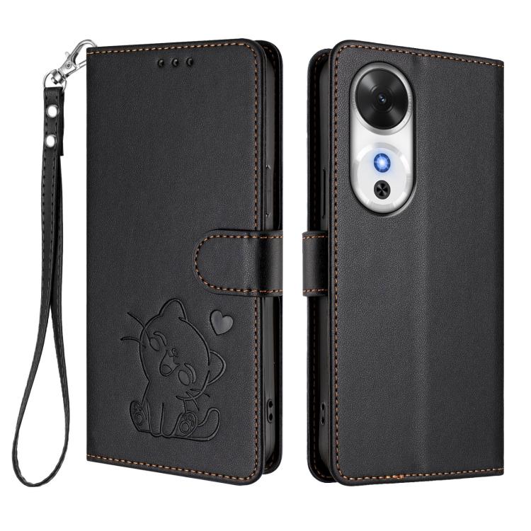 For Honor Play 60 Embossed Heart Cat Leather Phone Case with Hand Strap