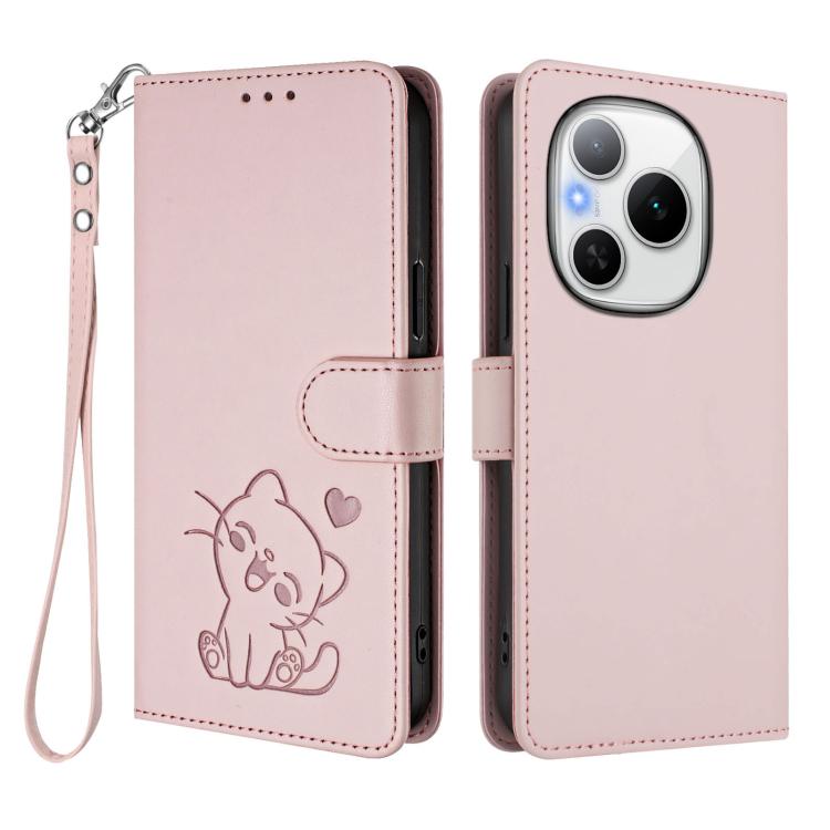 For Honor Power Embossed Heart Cat Leather Phone Case with Hand Strap