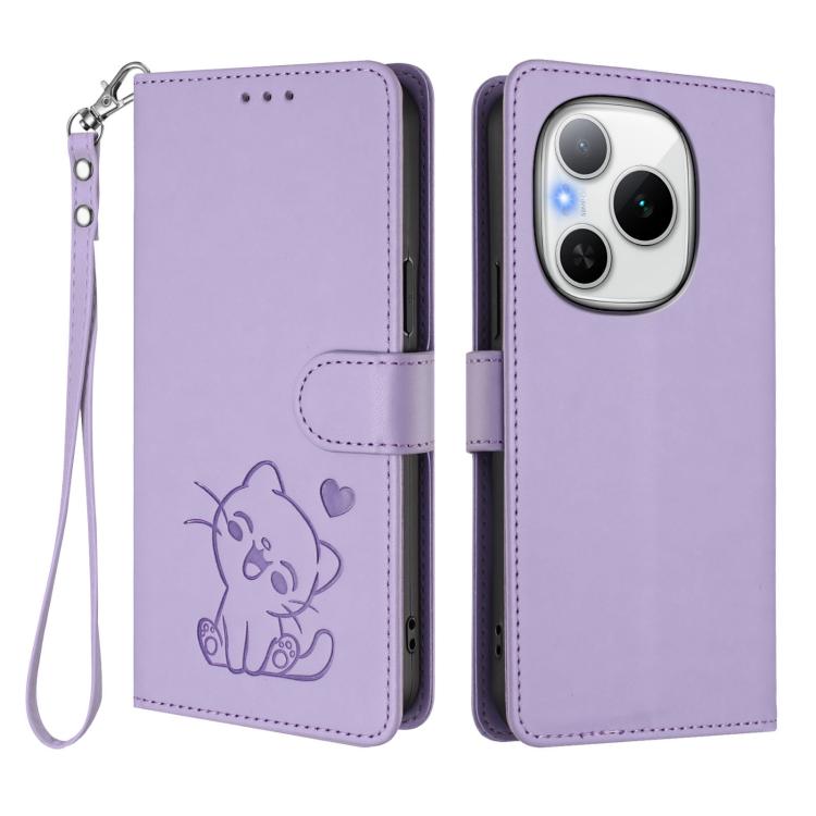 For Honor Power Embossed Heart Cat Leather Phone Case with Hand Strap