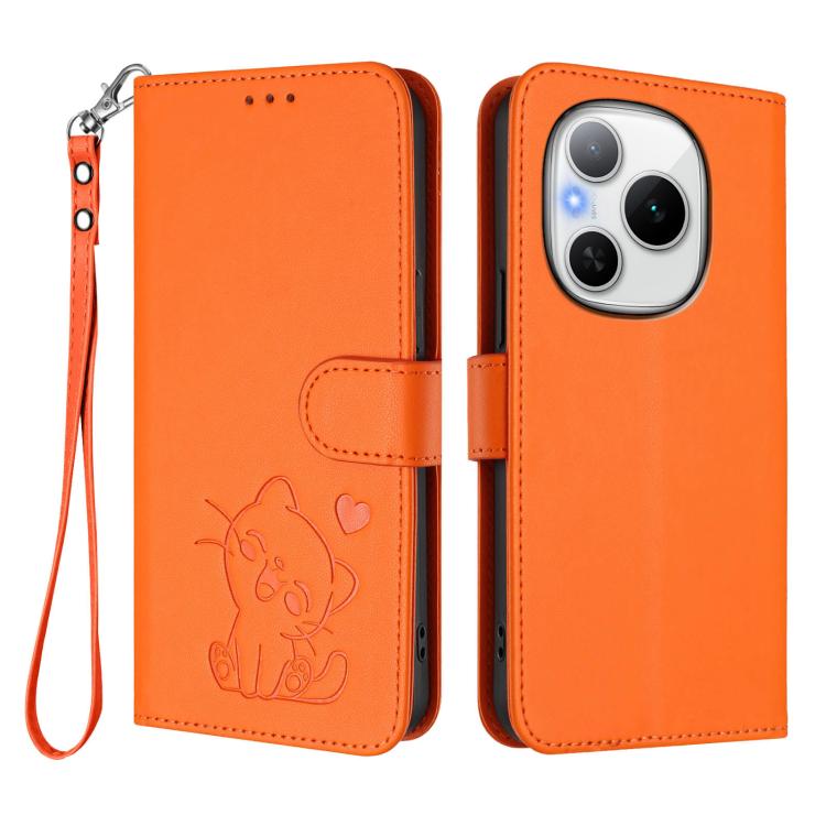 For Honor Power Embossed Heart Cat Leather Phone Case with Hand Strap