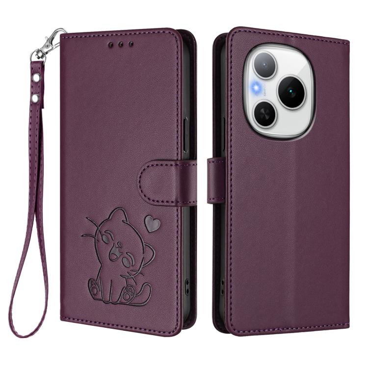 For Honor Power Embossed Heart Cat Leather Phone Case with Hand Strap