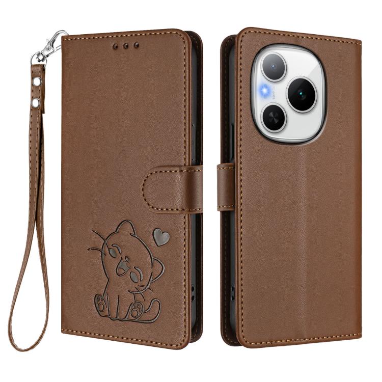 For Honor Power Embossed Heart Cat Leather Phone Case with Hand Strap