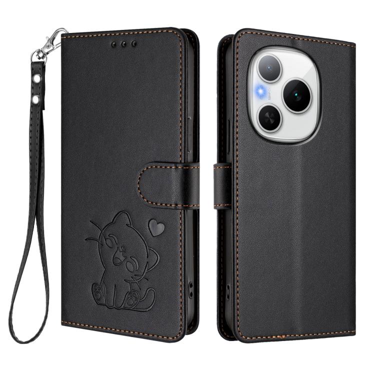 For Honor Power Embossed Heart Cat Leather Phone Case with Hand Strap