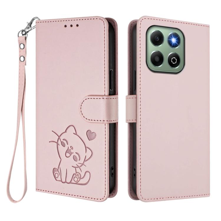 For Honor X6a / Honor X6b 4G Embossed Heart Cat Leather Phone Case with Hand Strap