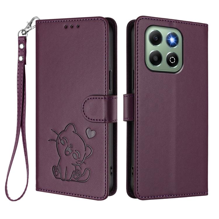 For Honor X6a / Honor X6b 4G Embossed Heart Cat Leather Phone Case with Hand Strap