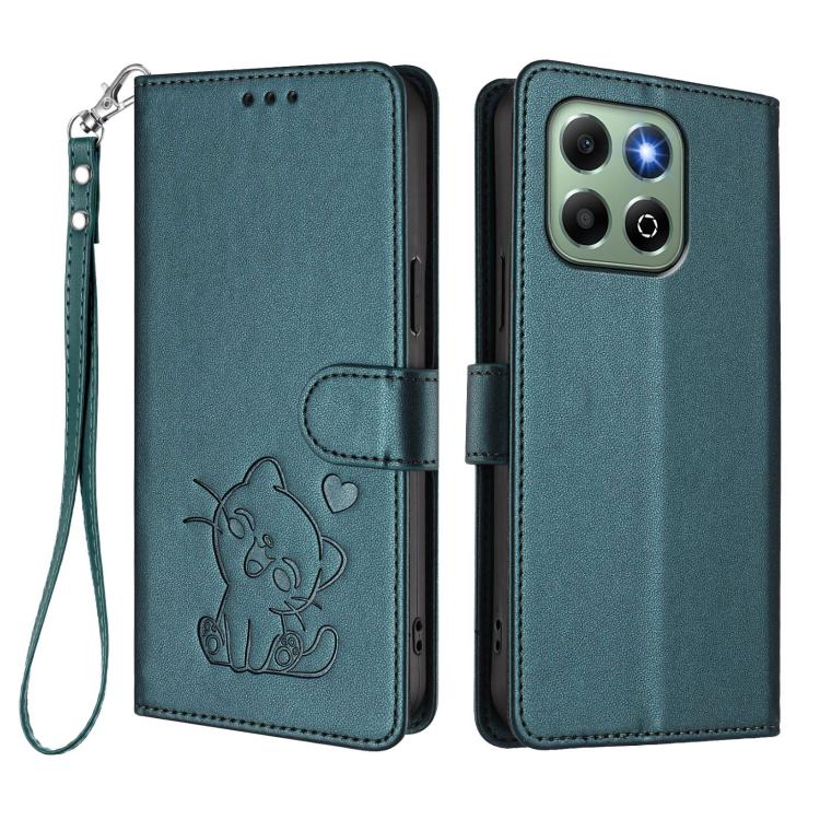 For Honor X6a / Honor X6b 4G Embossed Heart Cat Leather Phone Case with Hand Strap