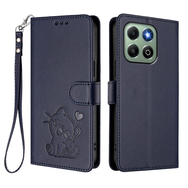 For Honor X6a / Honor X6b 4G Embossed Heart Cat Leather Phone Case with Hand Strap