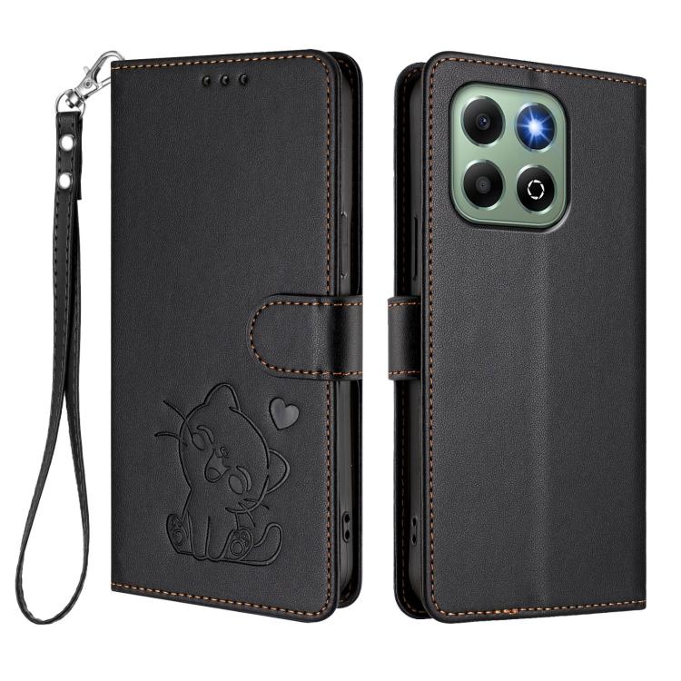 For Honor X6a / Honor X6b 4G Embossed Heart Cat Leather Phone Case with Hand Strap
