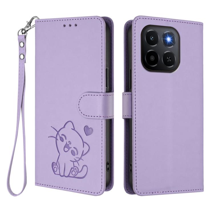 For Honor X6c 4G / X5b / X5b Plus Embossed Heart Cat Leather Phone Case with Hand Strap