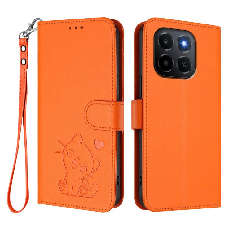 For Honor X6c 4G / X5b / X5b Plus Embossed Heart Cat Leather Phone Case with Hand Strap