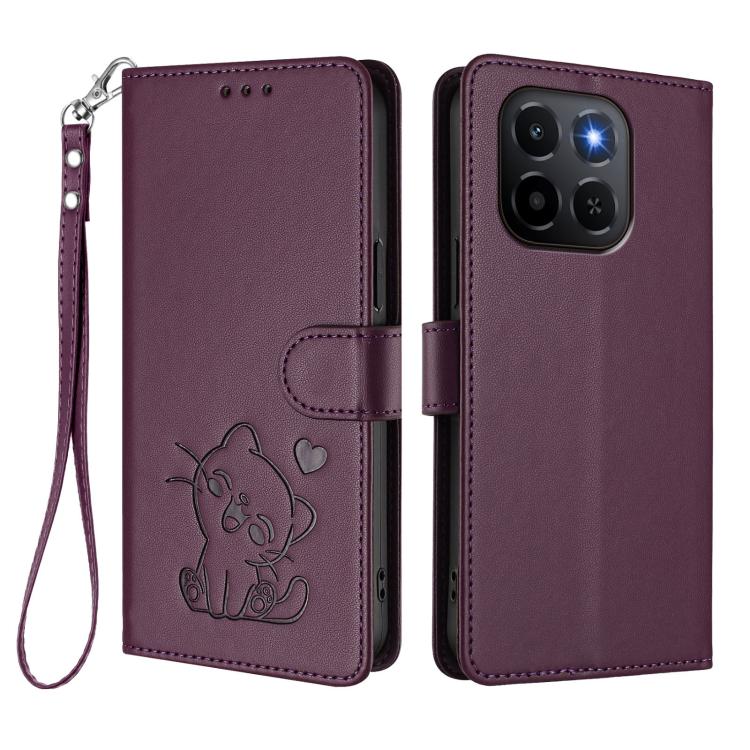 For Honor X6c 4G / X5b / X5b Plus Embossed Heart Cat Leather Phone Case with Hand Strap