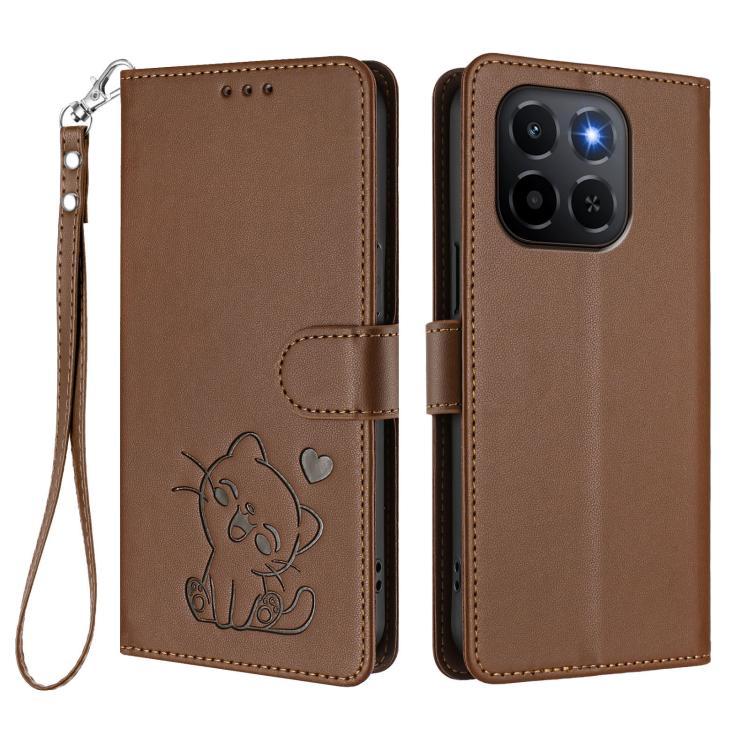 For Honor X6c 4G / X5b / X5b Plus Embossed Heart Cat Leather Phone Case with Hand Strap