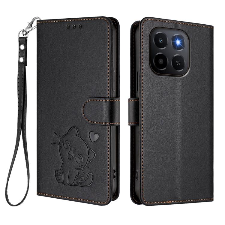 For Honor X6c 4G / X5b / X5b Plus Embossed Heart Cat Leather Phone Case with Hand Strap