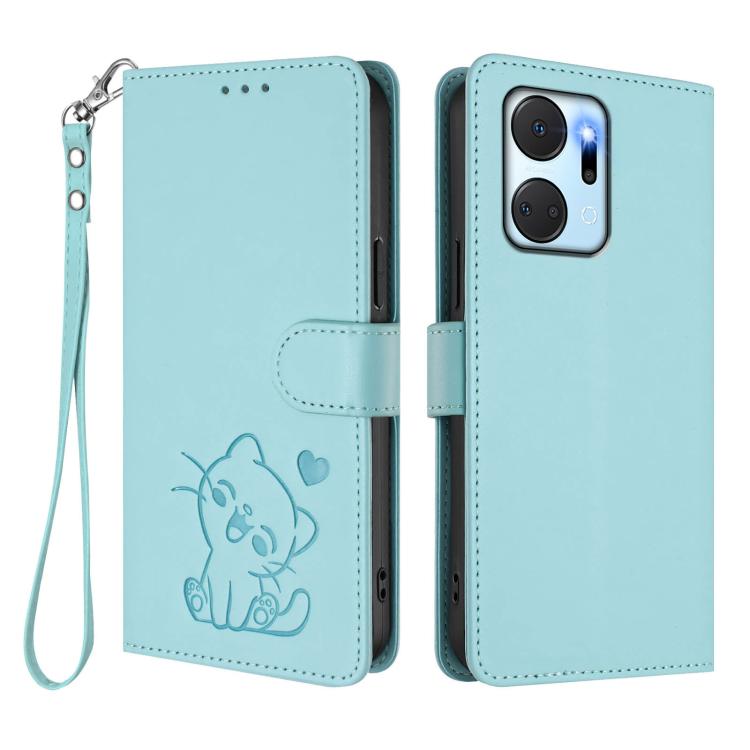 For Honor X7a / Honor Play7T Embossed Heart Cat Leather Phone Case with Hand Strap