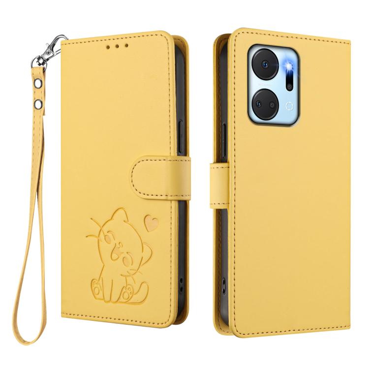 For Honor X7a / Honor Play7T Embossed Heart Cat Leather Phone Case with Hand Strap