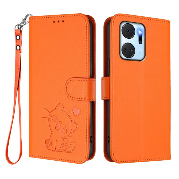 For Honor X7a / Honor Play7T Embossed Heart Cat Leather Phone Case with Hand Strap