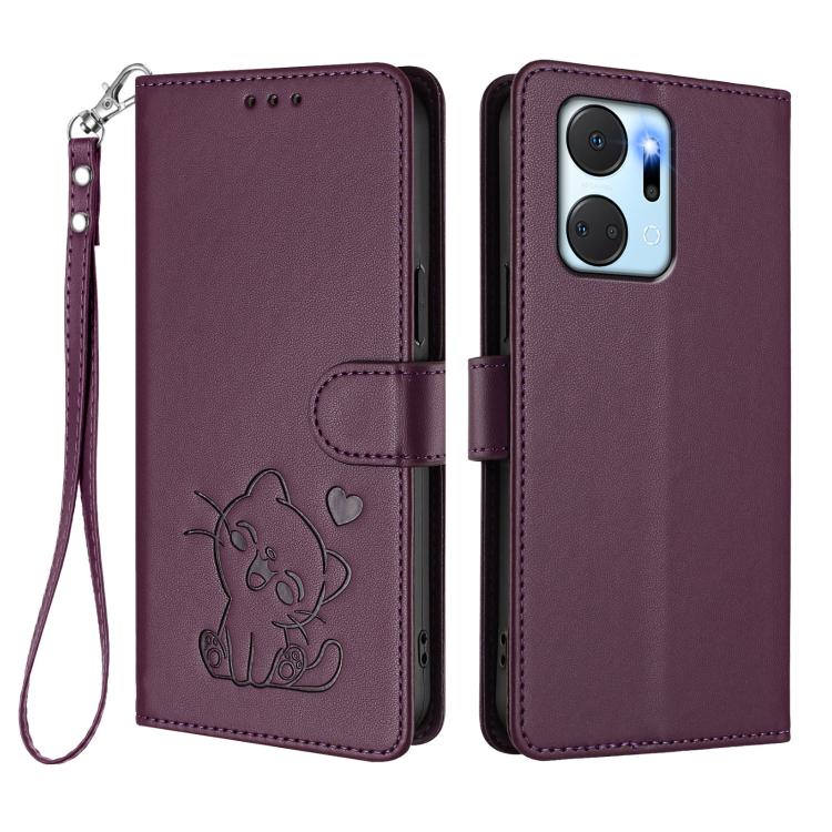 For Honor X7a / Honor Play7T Embossed Heart Cat Leather Phone Case with Hand Strap
