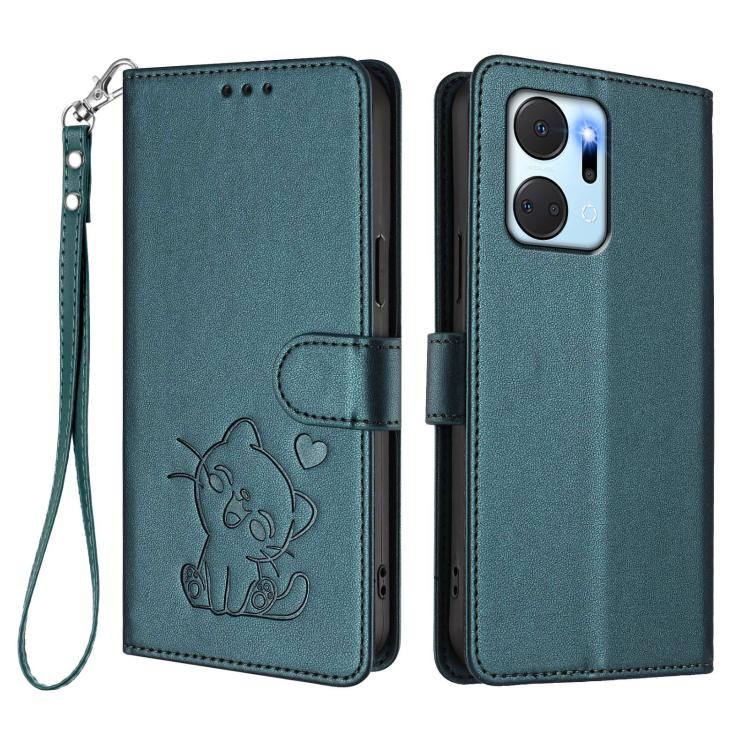 For Honor X7a / Honor Play7T Embossed Heart Cat Leather Phone Case with Hand Strap