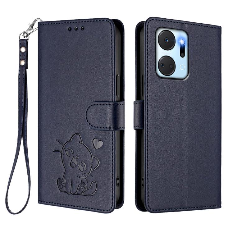 For Honor X7a / Honor Play7T Embossed Heart Cat Leather Phone Case with Hand Strap