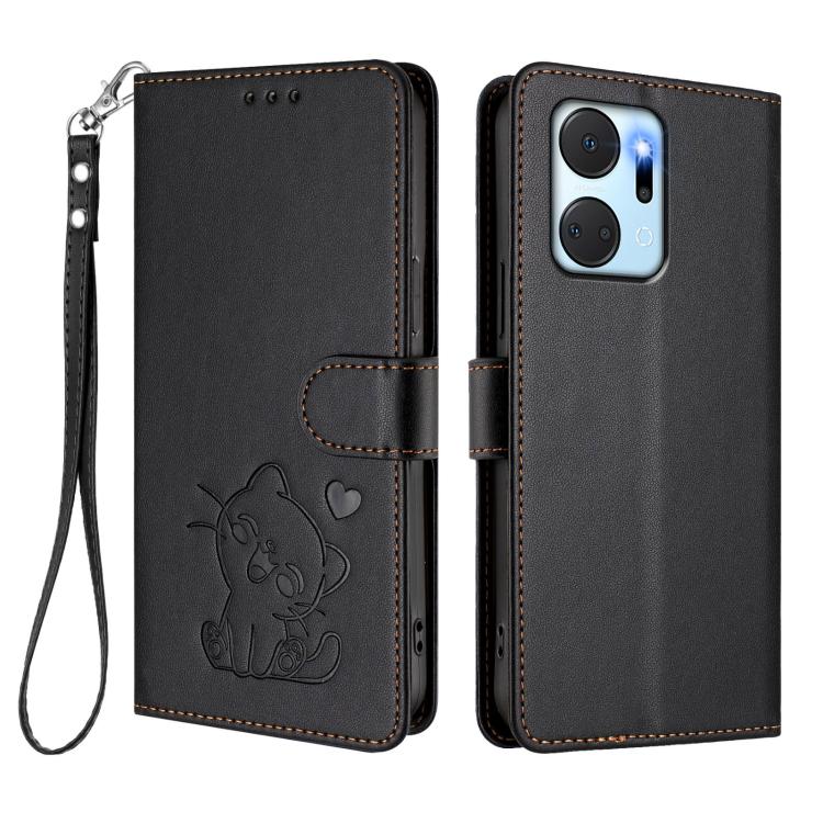 For Honor X7a / Honor Play7T Embossed Heart Cat Leather Phone Case with Hand Strap