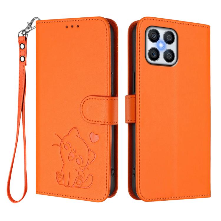 For Honor X8 4G / X30i / Play6T Pro Embossed Heart Cat Leather Phone Case with Hand Strap