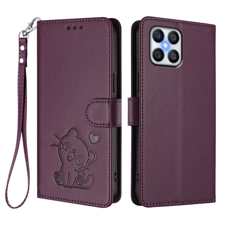 For Honor X8 4G / X30i / Play6T Pro Embossed Heart Cat Leather Phone Case with Hand Strap