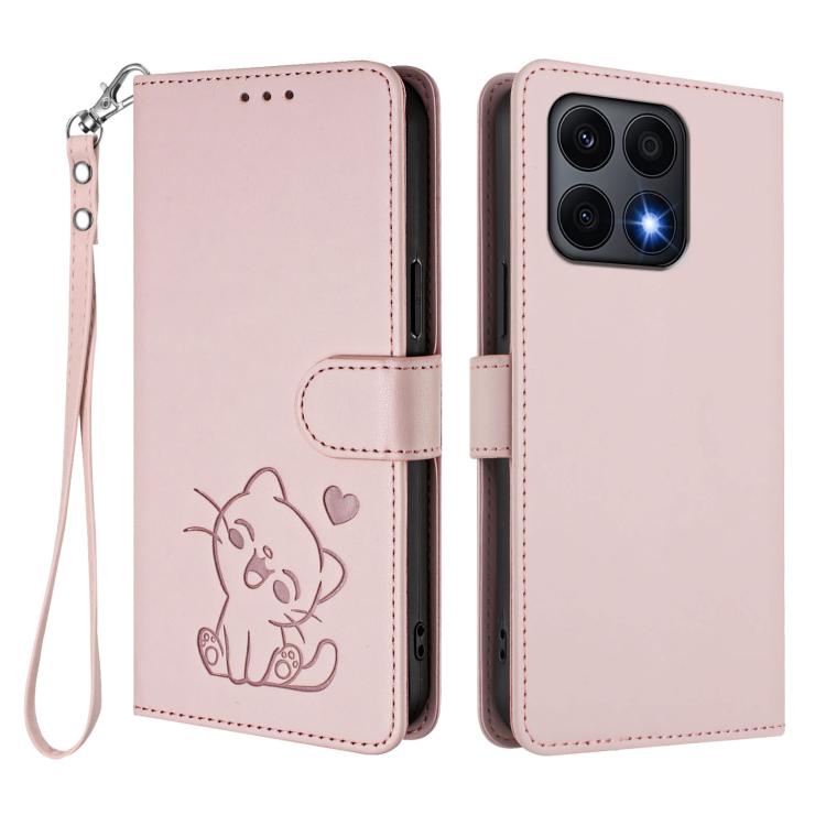 For Honor X8a Embossed Heart Cat Leather Phone Case with Hand Strap