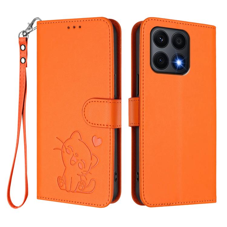 For Honor X8a Embossed Heart Cat Leather Phone Case with Hand Strap