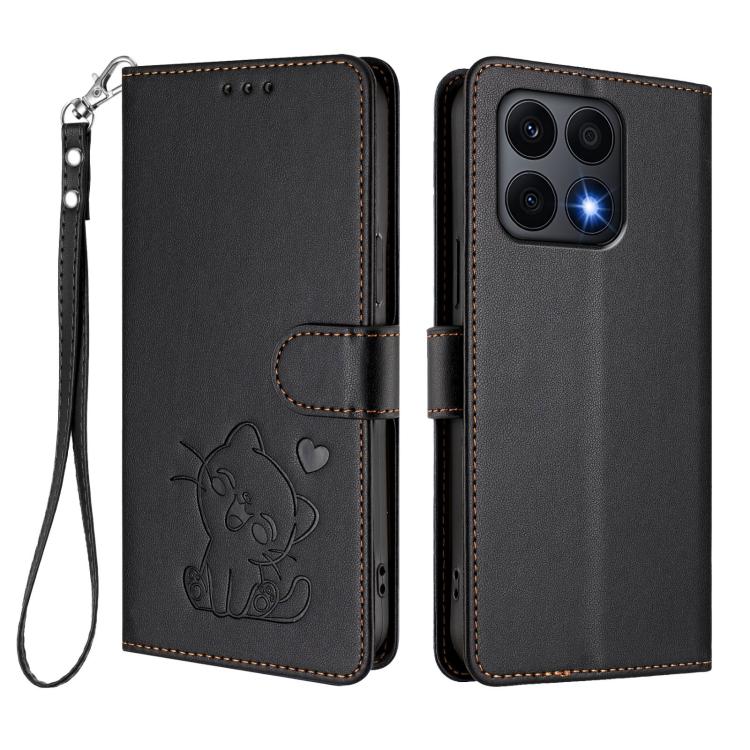 For Honor X8a Embossed Heart Cat Leather Phone Case with Hand Strap
