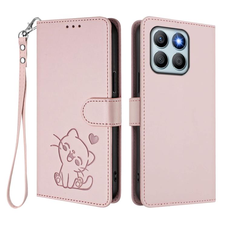 For Honor X8b Embossed Heart Cat Leather Phone Case with Hand Strap