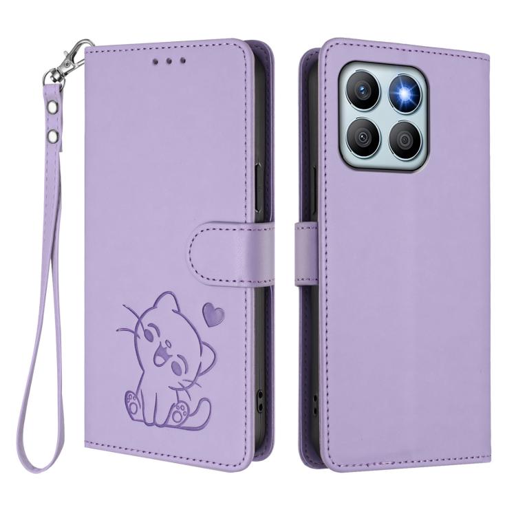 For Honor X8b Embossed Heart Cat Leather Phone Case with Hand Strap