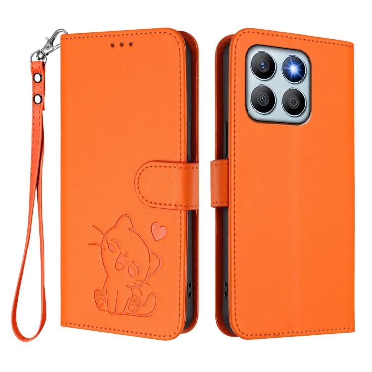 For Honor X8b Embossed Heart Cat Leather Phone Case with Hand Strap